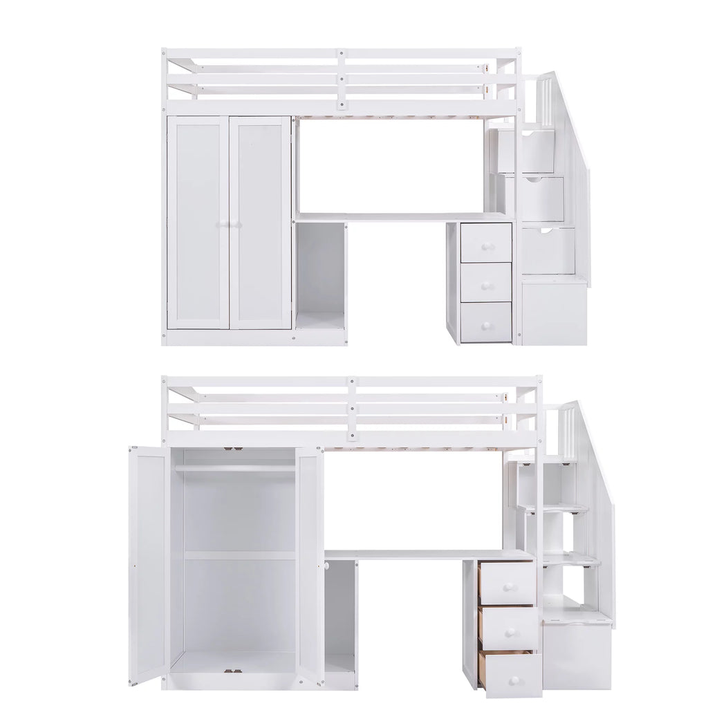 Twin Size White Wood Loft Bed with Wardrobe and Desk X88709