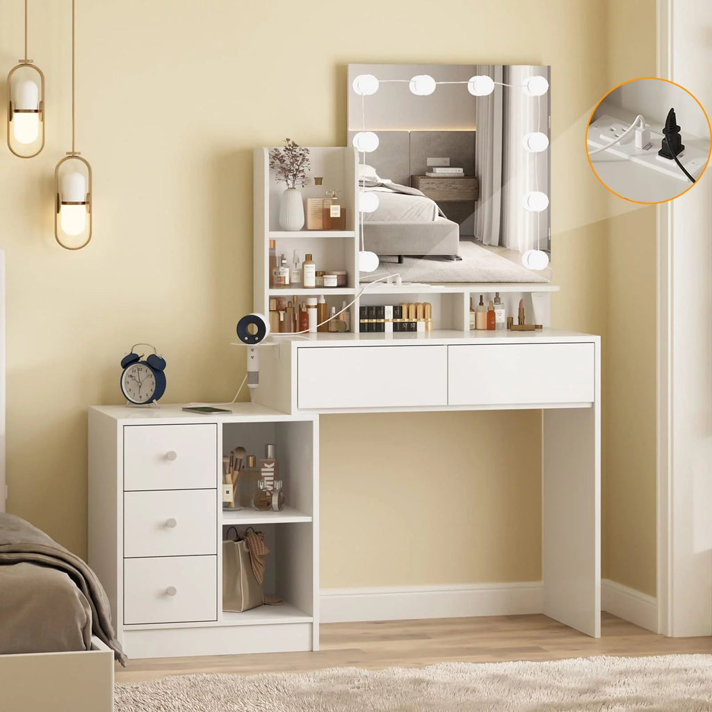 White Makeup Vanity with Lights and Mirror N90382