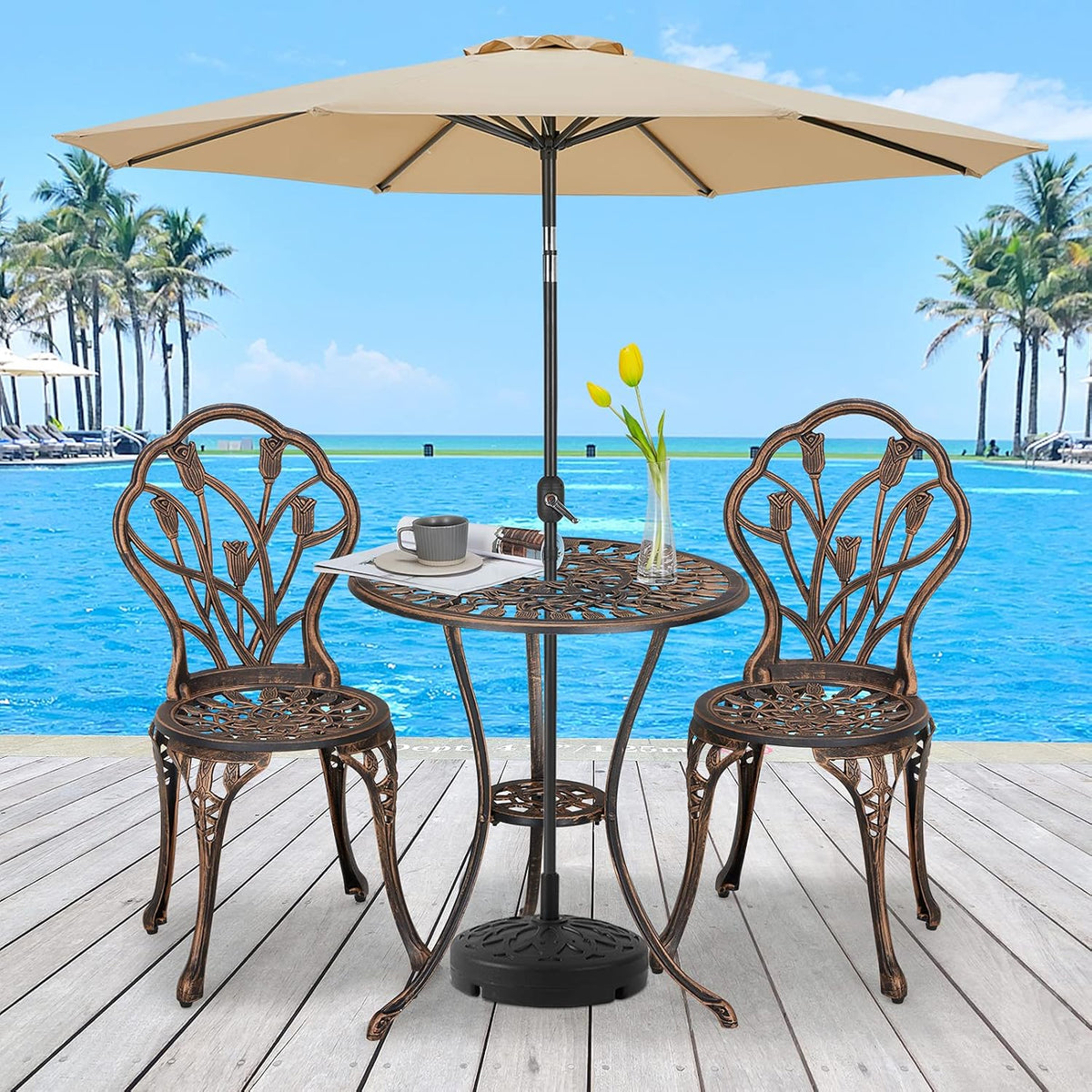 3 Piece Cast Aluminum Bistro Table Set with Umbrella Hole S268
