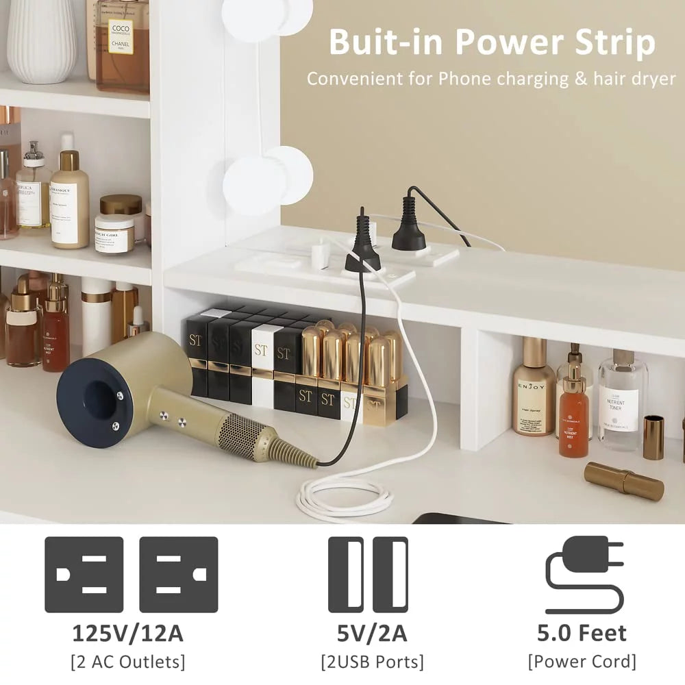 White Makeup Vanity with Lights and Mirror N90382