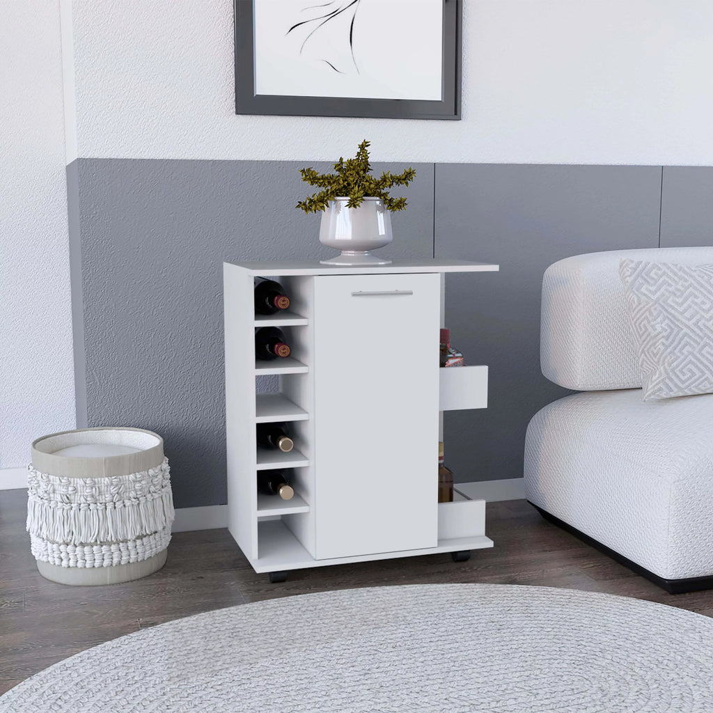 White Engineered Wood Bar Cart with 2 Side Shelves J3492