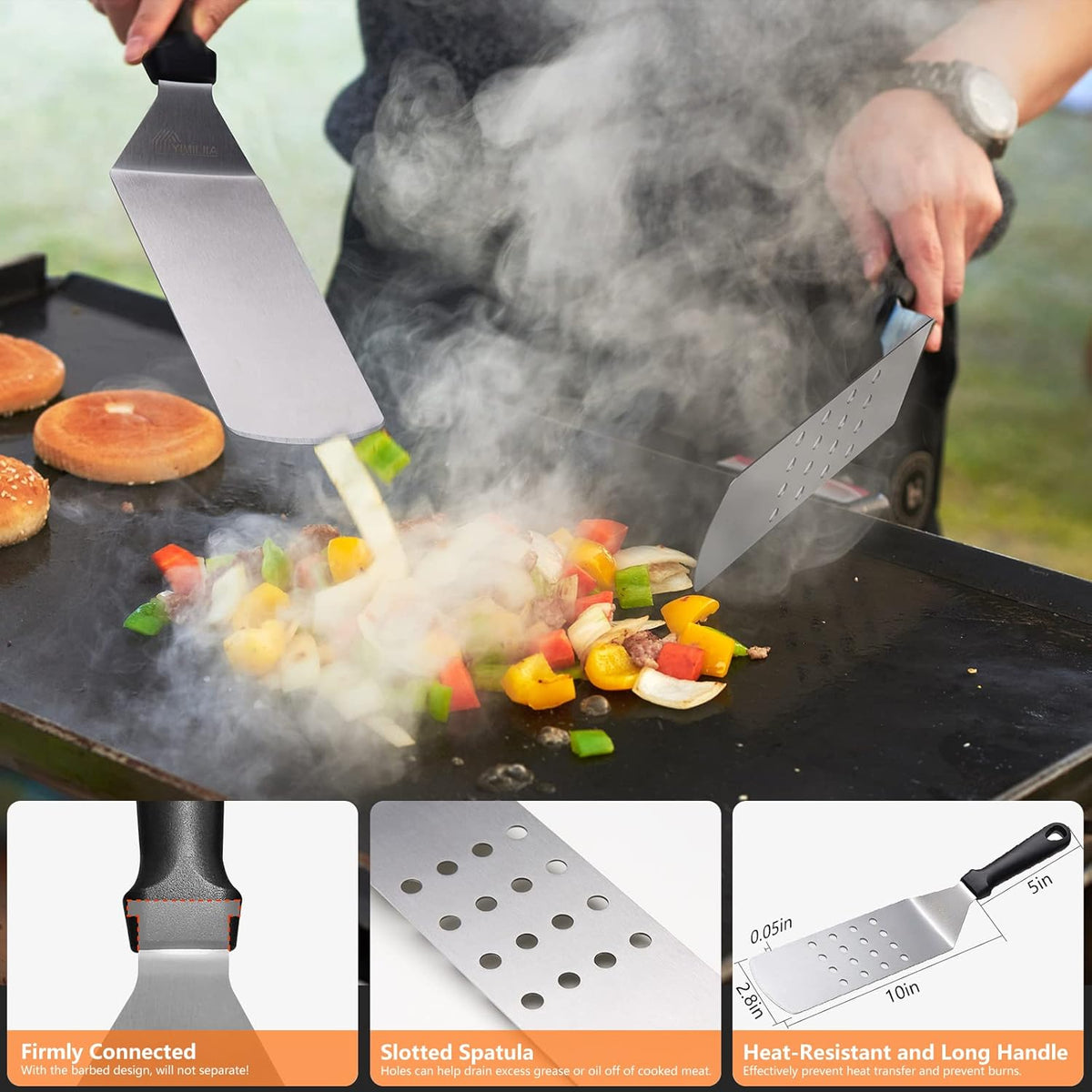 15 Pcs Flat Top Grill Accessories Kit with Spatula Set, Basting Cover and Burger Press I673