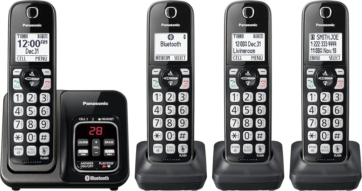 4 Cordless Handsets Expandable Cordless Phone System with Bluetooth, Answering Machine, Call Blocking - Metallic Black H214609
