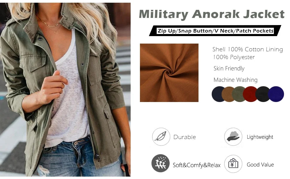 Women Military Utility Anorak Coat Zip Up Lightweight Jacket with Pockets Z56291