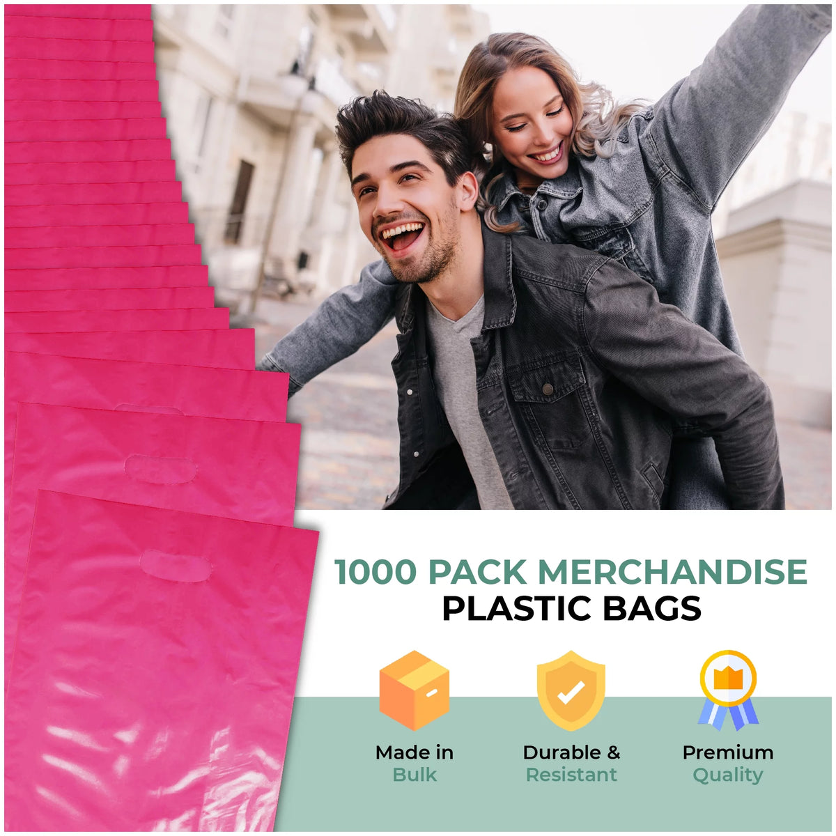 1000 Pack 9" x 12" 1.25 mil Pink Glossy Plastic Retail Bags with Die Cut Handle O90490