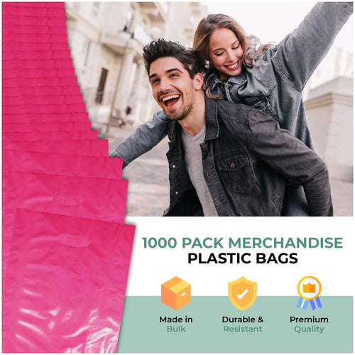 1000 Pack 9" x 12" 1.25 mil Pink Glossy Plastic Retail Bags with Die Cut Handle O90490