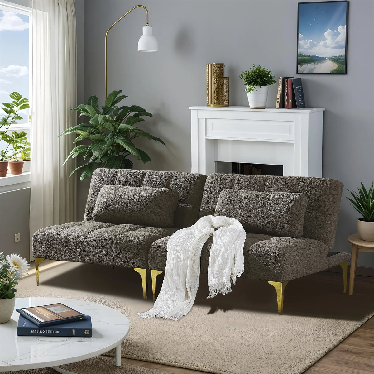 Convertible Sleeper Sofa Bed with Metal Legs and 2 Pillows U1886