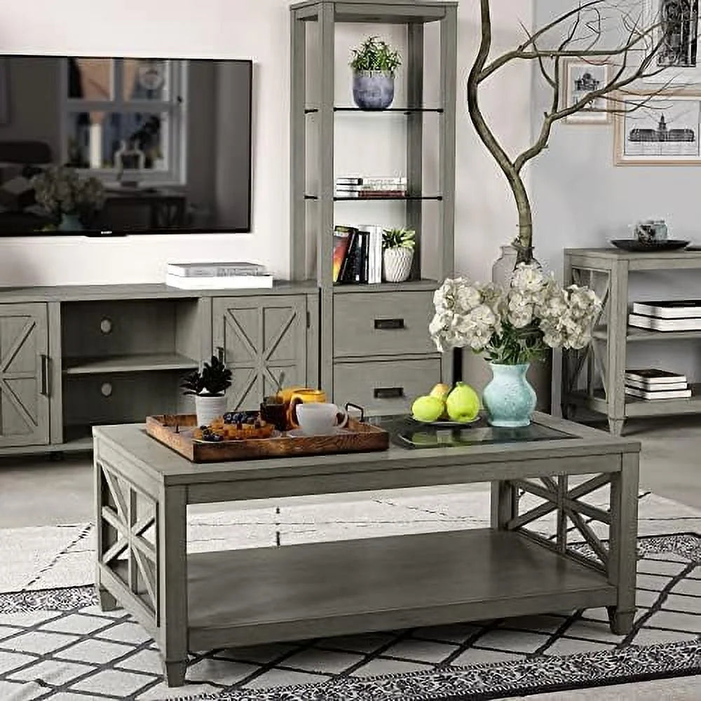 Solid Wood Coffee Table with Glass Top I87817