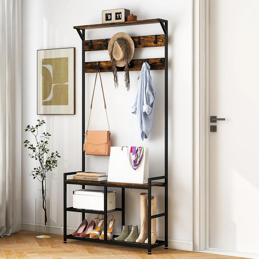 Coat Rack Shoe Bench 3-Tier with 9 Hanging Hooks X23396