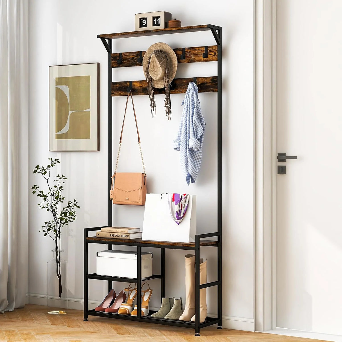 Coat Rack Shoe Bench 3-Tier with 9 Hanging Hooks X23396