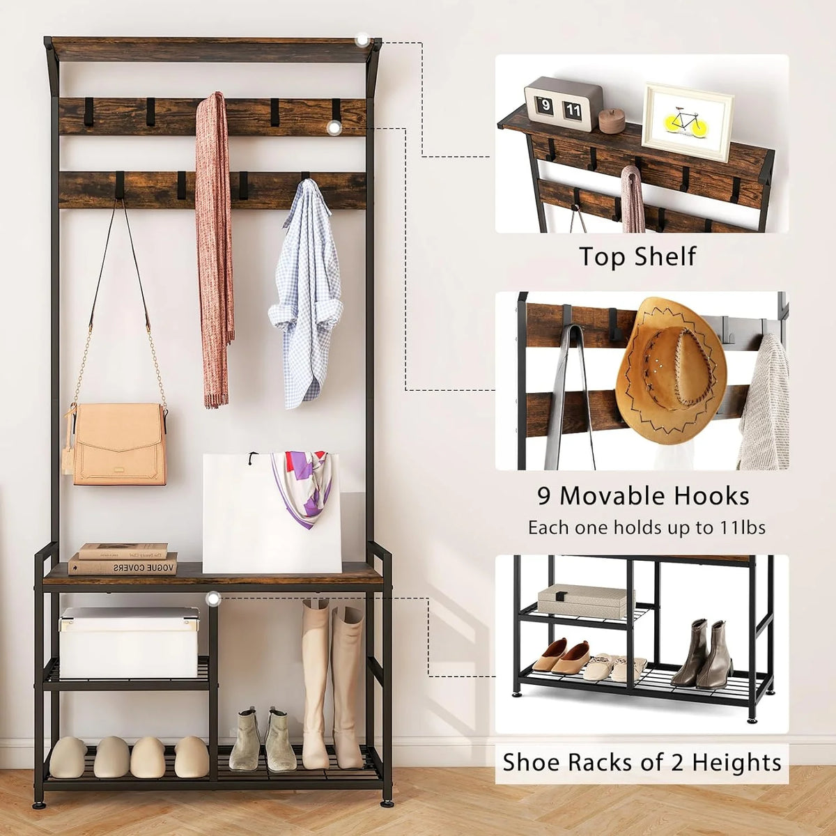 Coat Rack Shoe Bench 3-Tier with 9 Hanging Hooks X23396