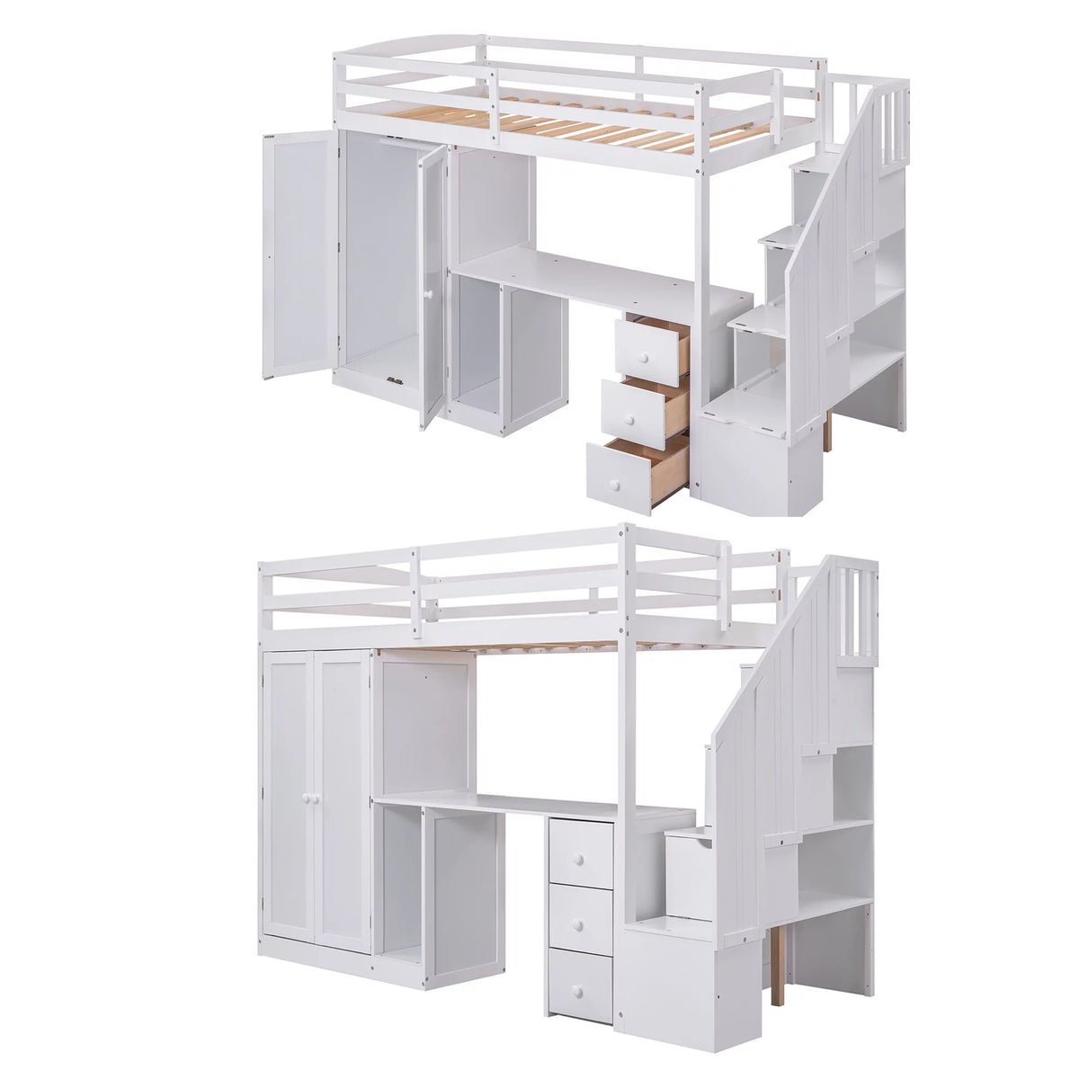Twin Size White Wood Loft Bed with Wardrobe and Desk X88709