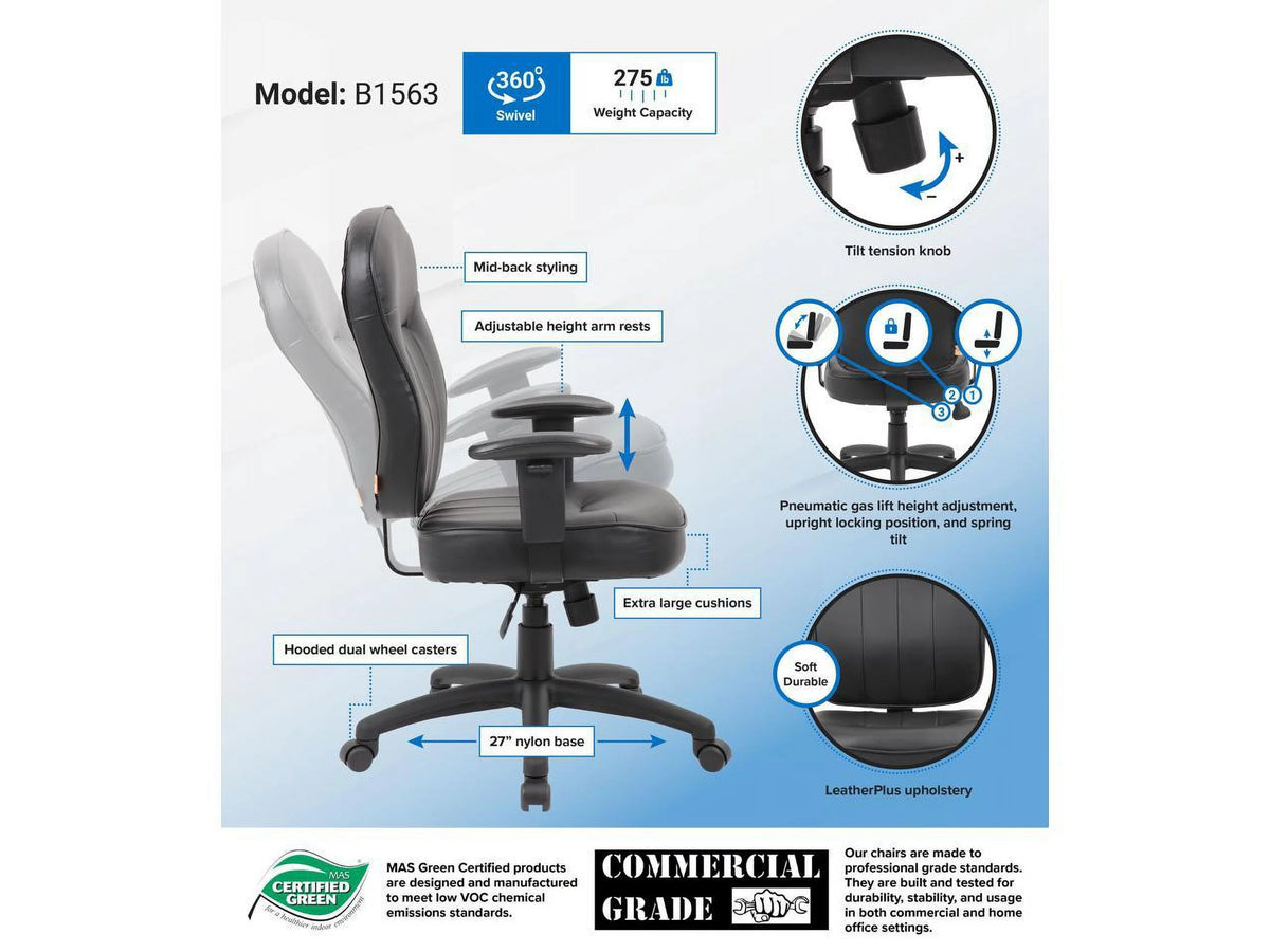 Black Leather Task Chair with Adjustable Arms B240432