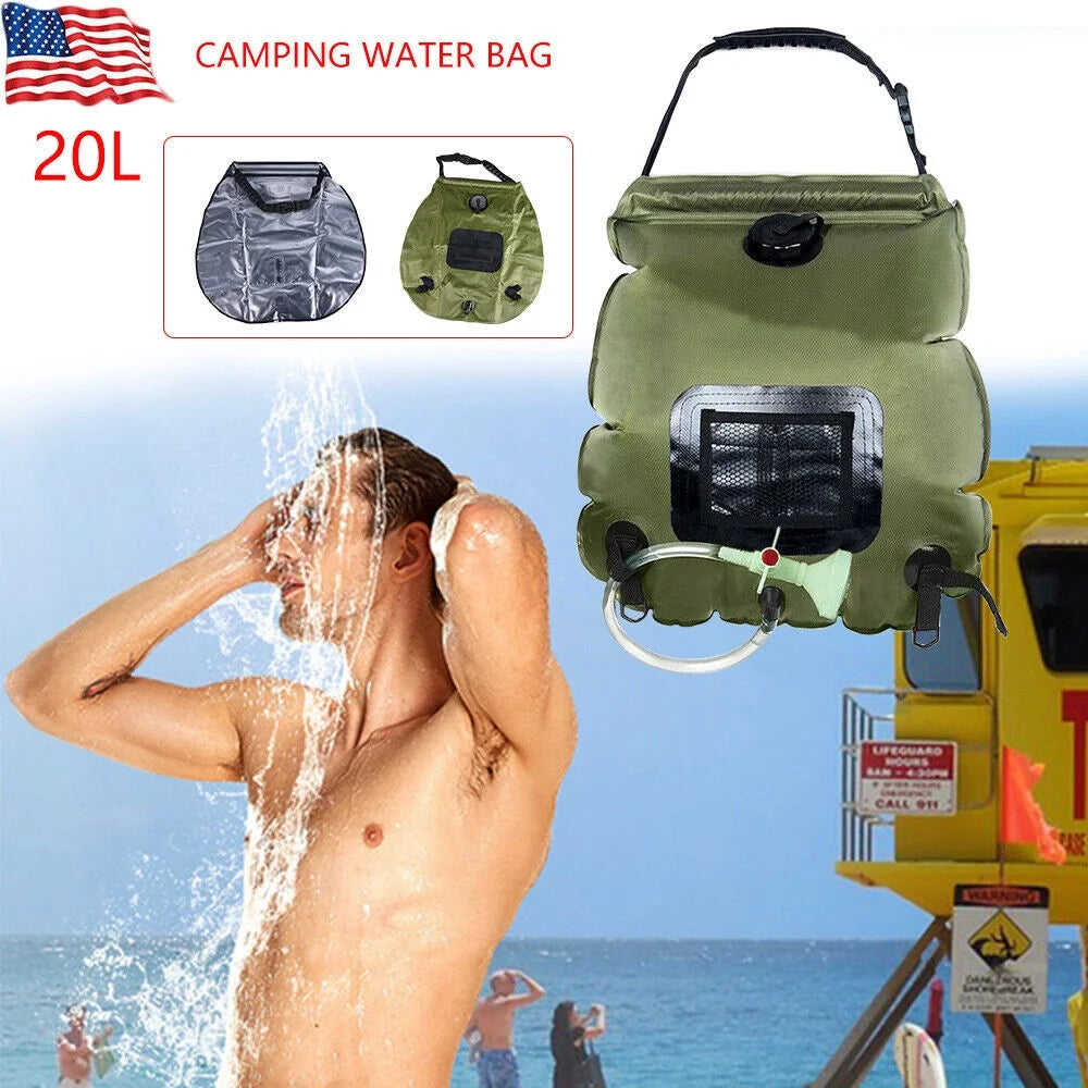 5 Gallon Solar Heated Camping Shower Bag with Removable Hose, Green PVC R34618
