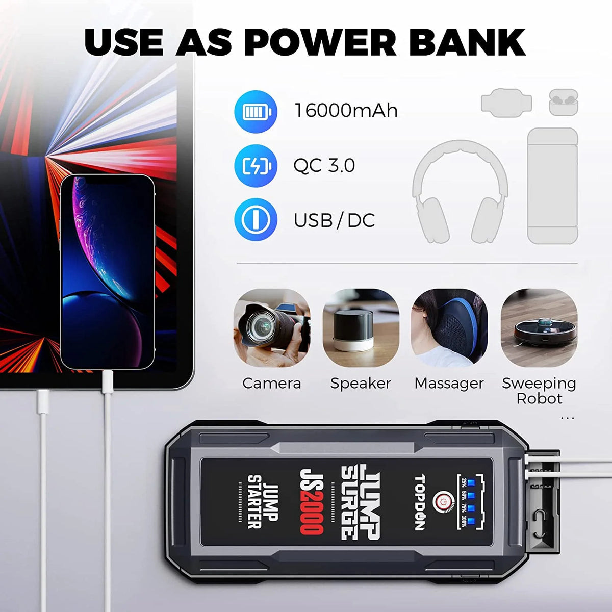 12V 2000A Peak Car Battery Charger Jump Starter I3313