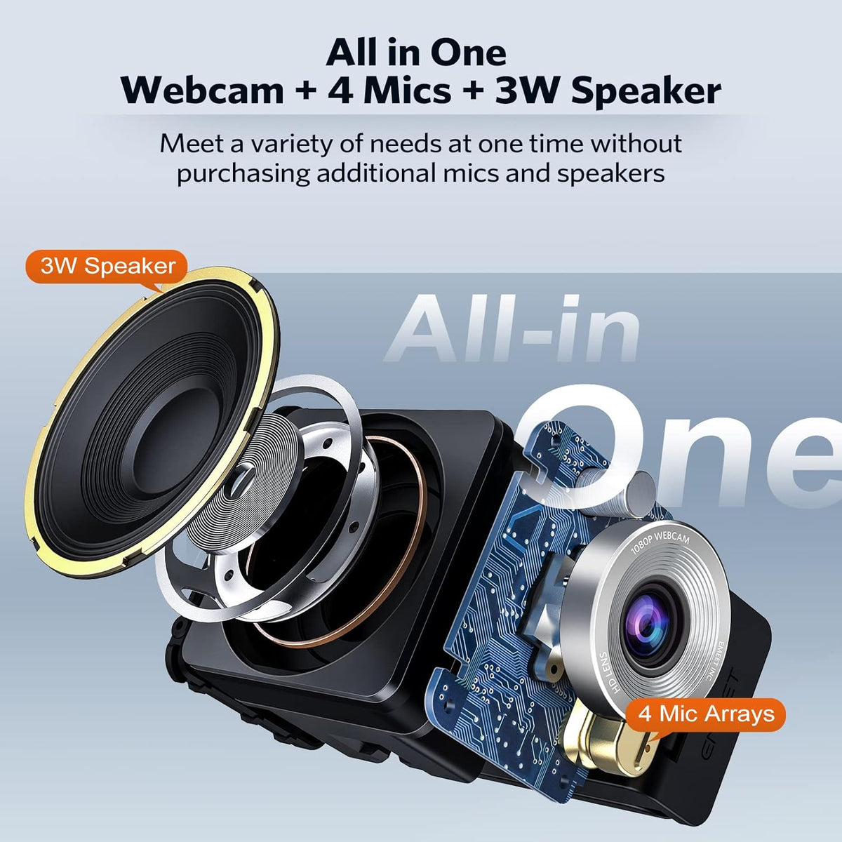 1080P 60FPS Webcam with 4 Mics and 3W Speaker R329