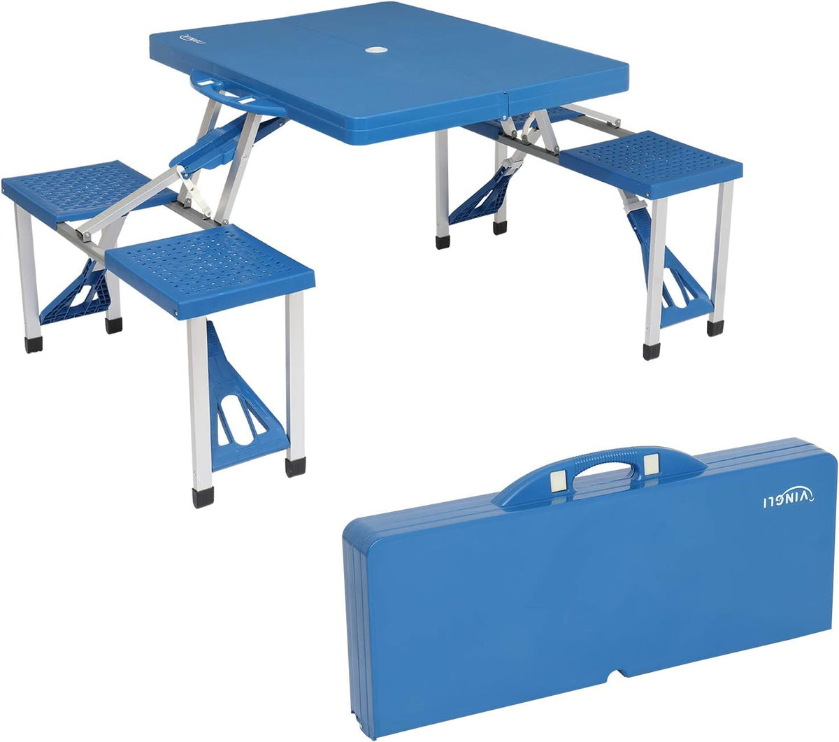 Folding Camping Picnic Table with 4 Seats with Patio Umbrella Hole, Portable Table Aluminum Alloy Frame T4582