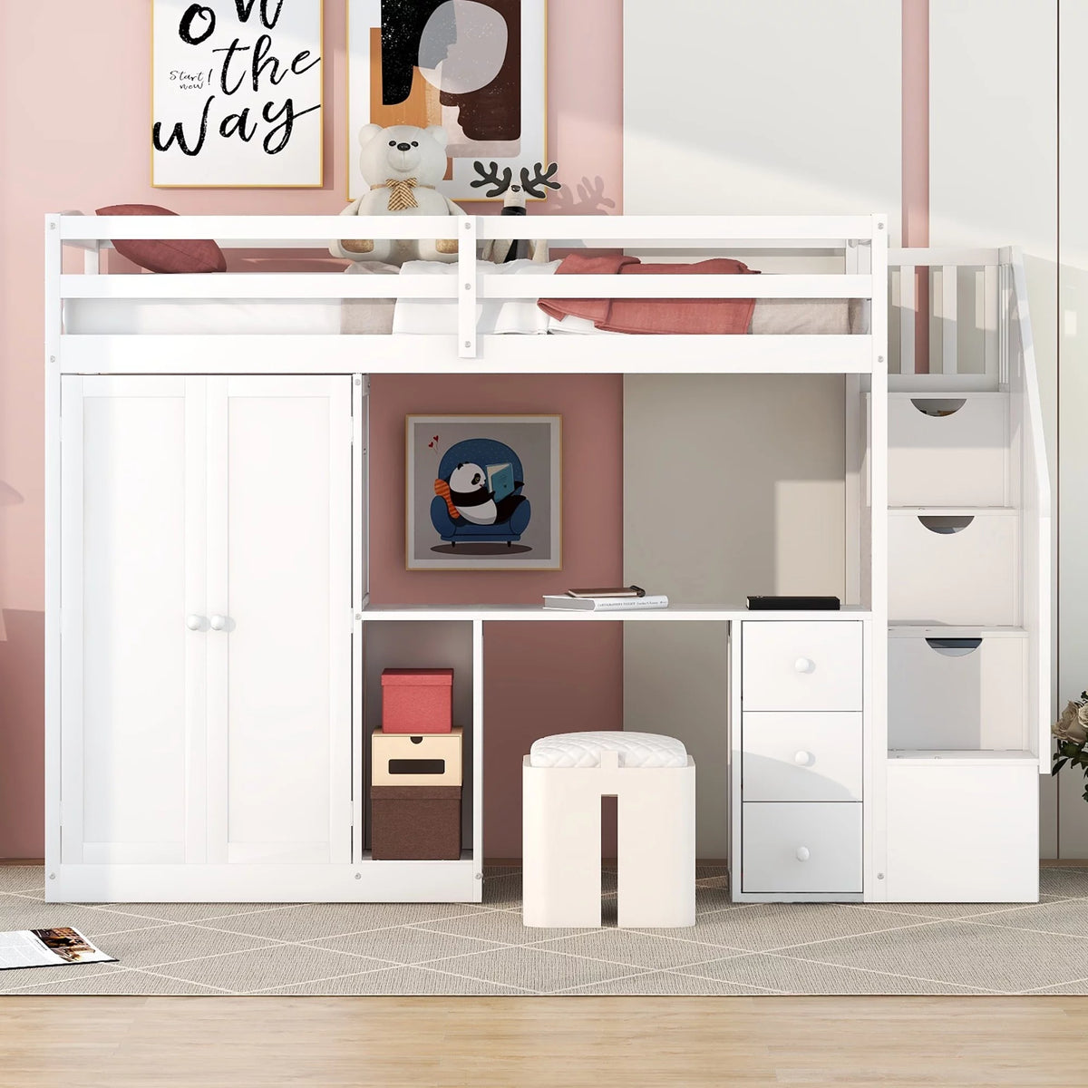 Twin Size White Wood Loft Bed with Wardrobe and Desk X88709