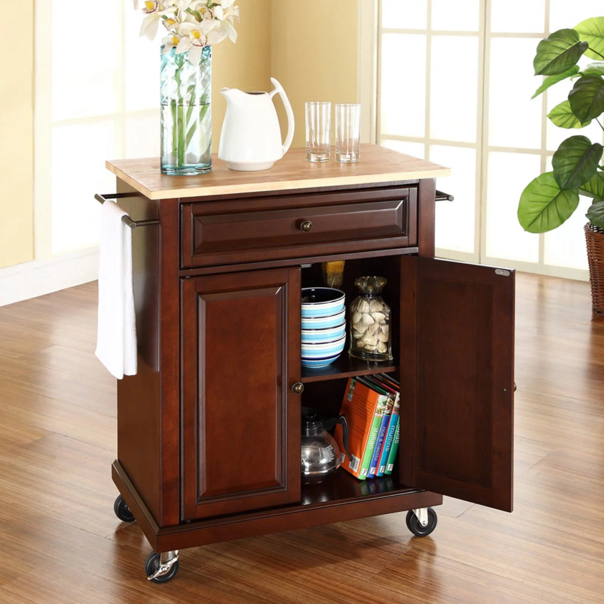 Natural Wood Top Portable Kitchen Cart B666176