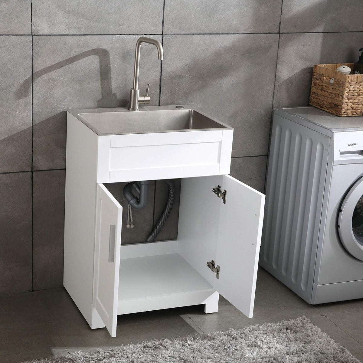 White Laundry Utility Cabinet with Stainless Steel Sink and Faucet J8795
