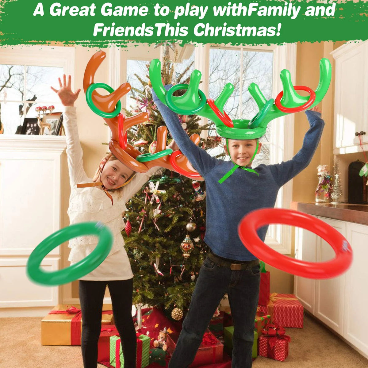2 Pack Inflatable Reindeer Antler Ring Toss Game with 8 Rings, 2 Antlers J752