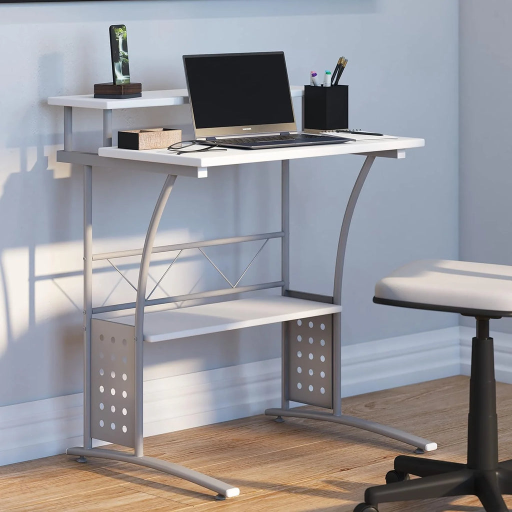 White Computer Desk with Monitor Platform and Storage Shelf W134226