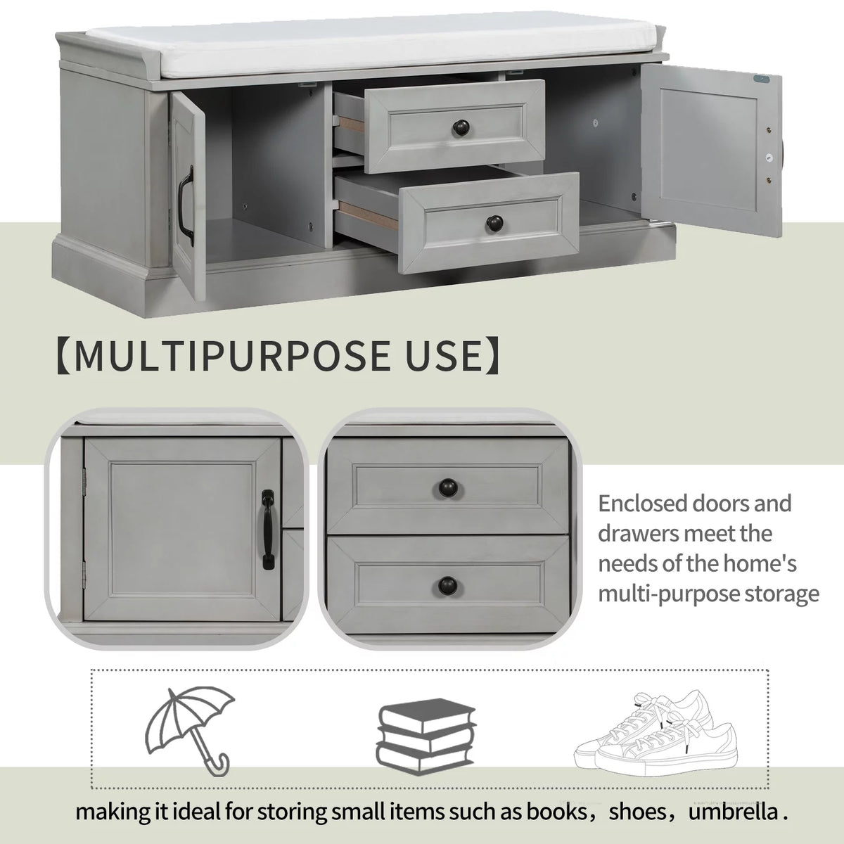 Wooden Storage Bench with 2 Drawers and 2 Cabinets C28962