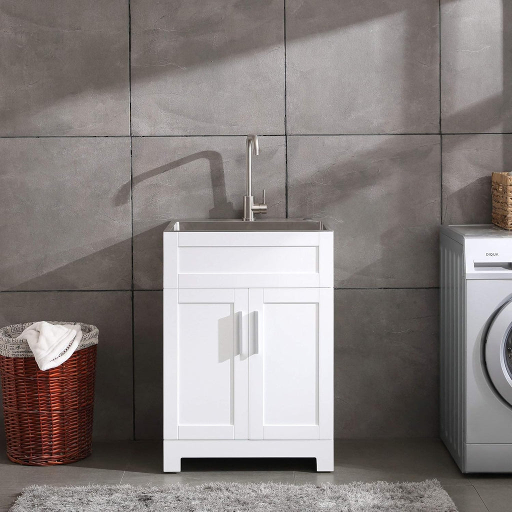 White Laundry Utility Cabinet with Stainless Steel Sink and Faucet J8795
