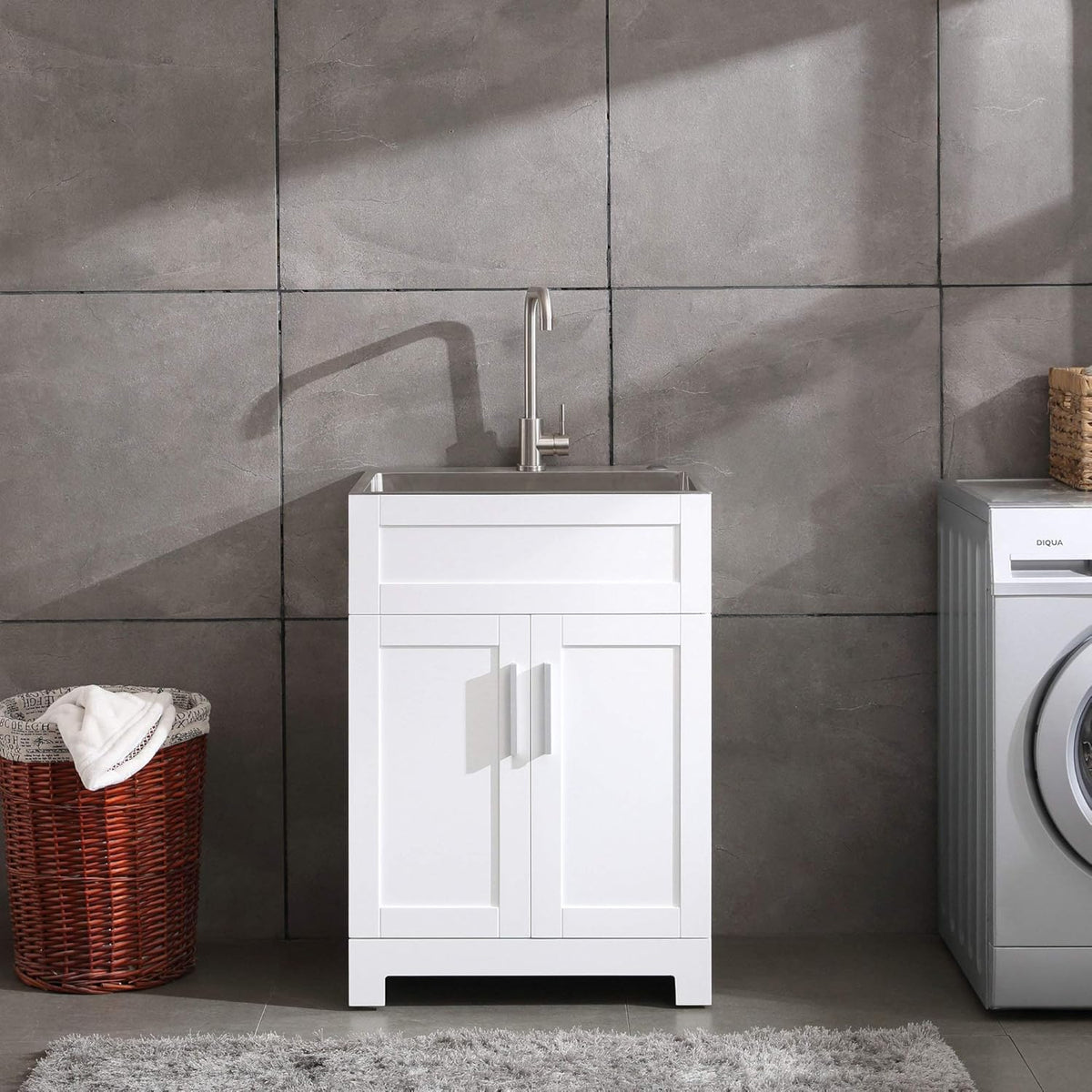 White Laundry Utility Cabinet with Stainless Steel Sink and Faucet J8795