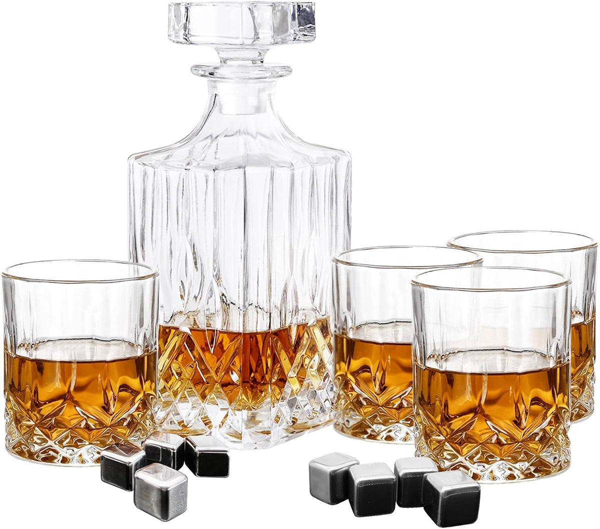 Crystal Whiskey Decanter Set with 4 Glasses and Chilling Whiskey Stones Z5284