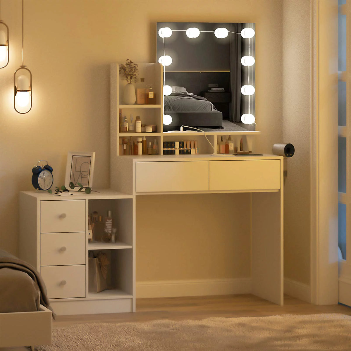 White Makeup Vanity with Lights and Mirror N90382