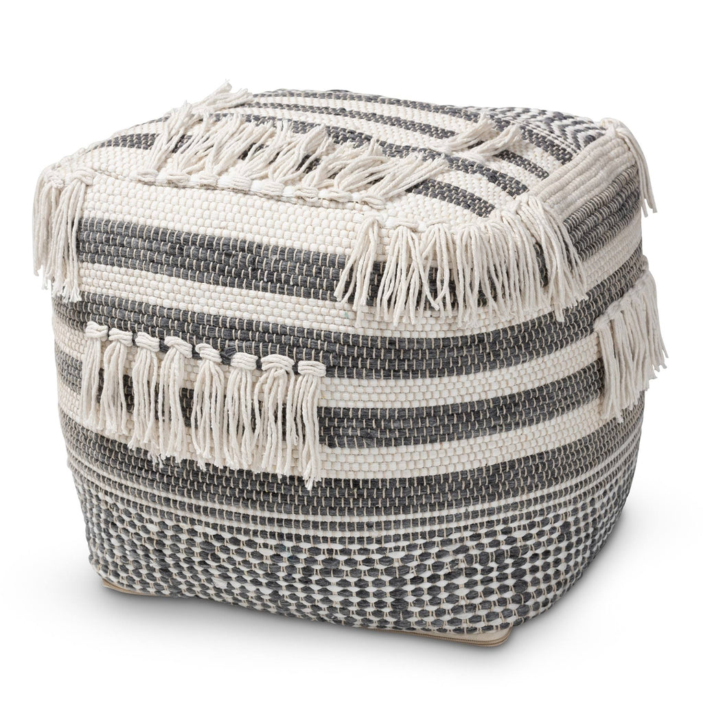 Grey and Ivory Handwoven Pouf Ottoman E552