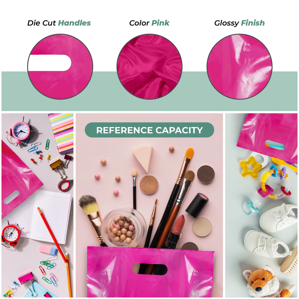 1000 Pack 9" x 12" 1.25 mil Pink Glossy Plastic Retail Bags with Die Cut Handle O90490