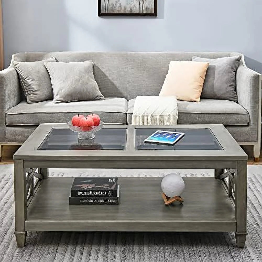 Solid Wood Coffee Table with Glass Top I87817