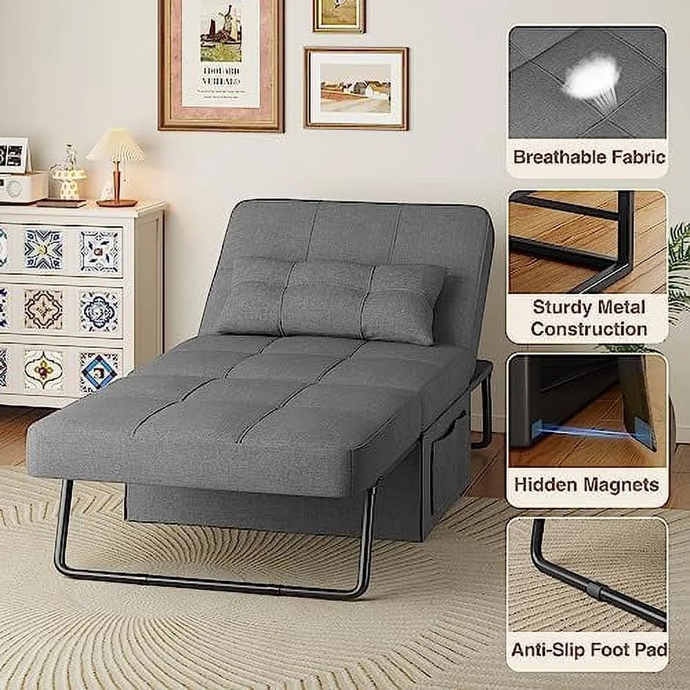 4 in 1 Convertible Chair Sofa Bed with Adjustable Backrest Linen Fabric Dark Grey C350