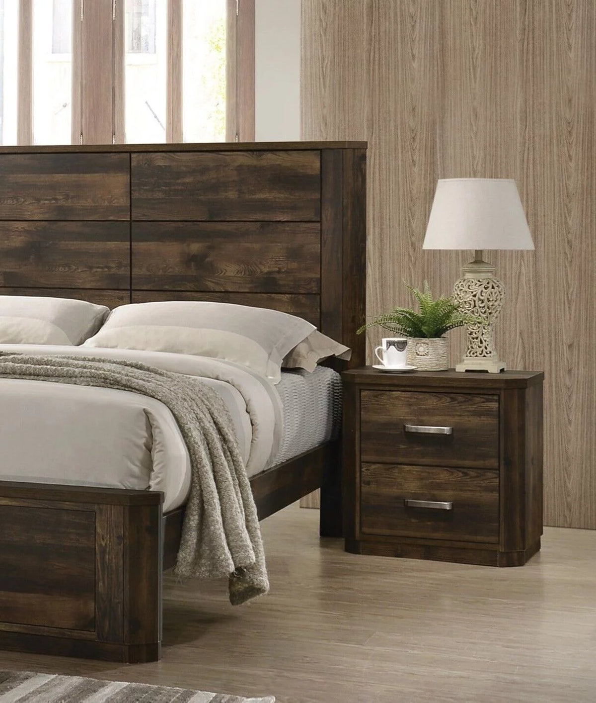 3pc Bedroom Set Eastern King Bed 2x Nightstands Rustic Walnut Finish E985
