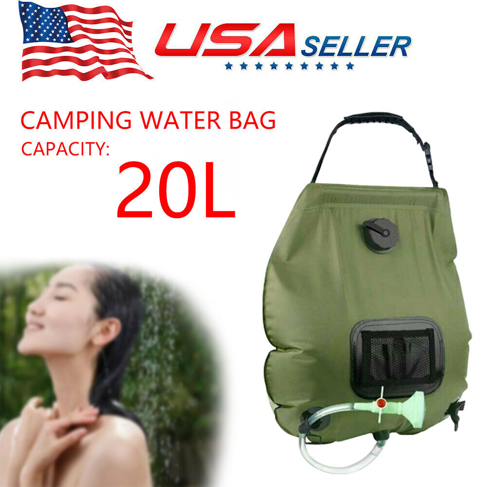 5 Gallon Solar Heated Camping Shower Bag with Removable Hose, Green PVC R34618