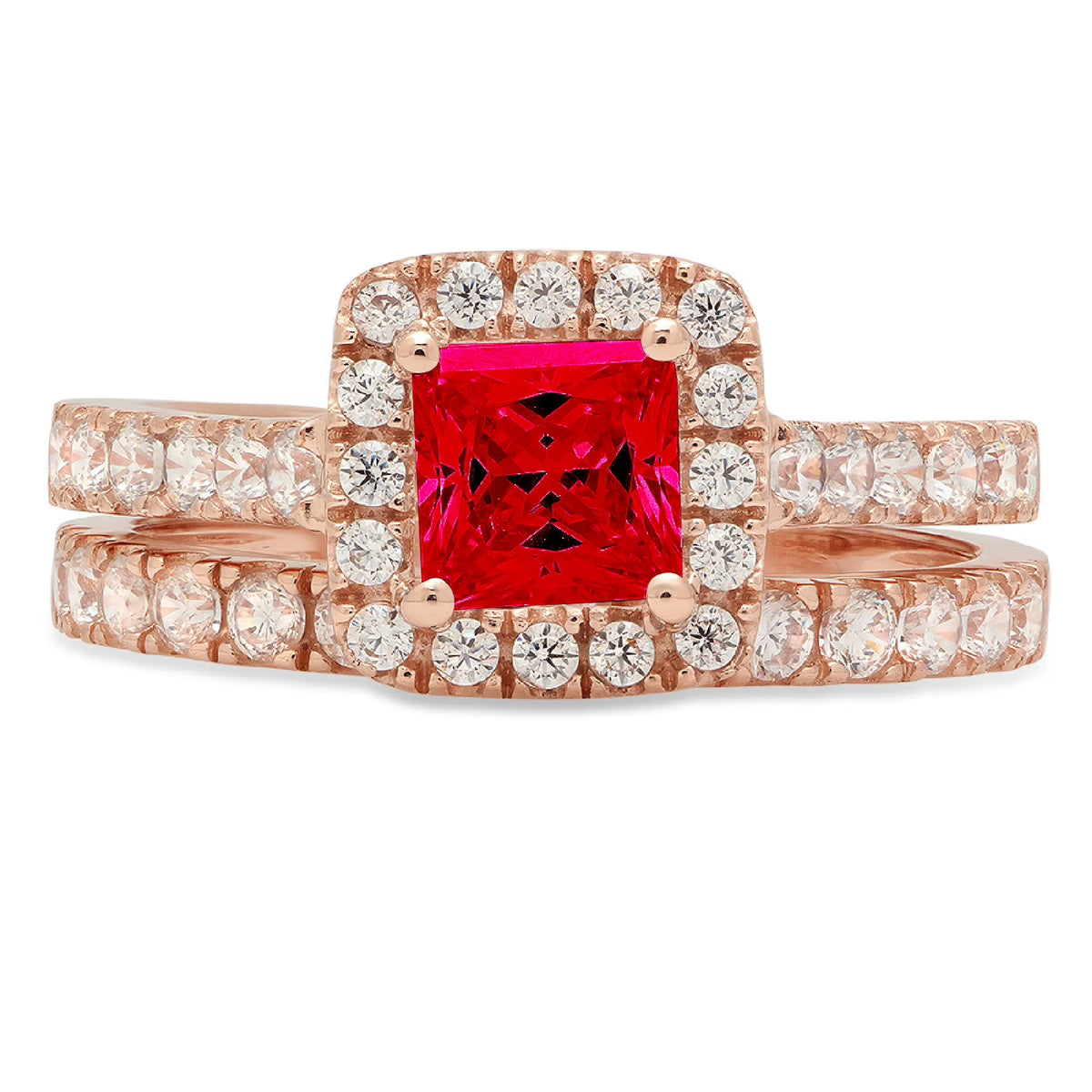 18k Rose Gold Princess Cut Red Simulated Ruby Halo Ring Band Set Size 5 N6300
